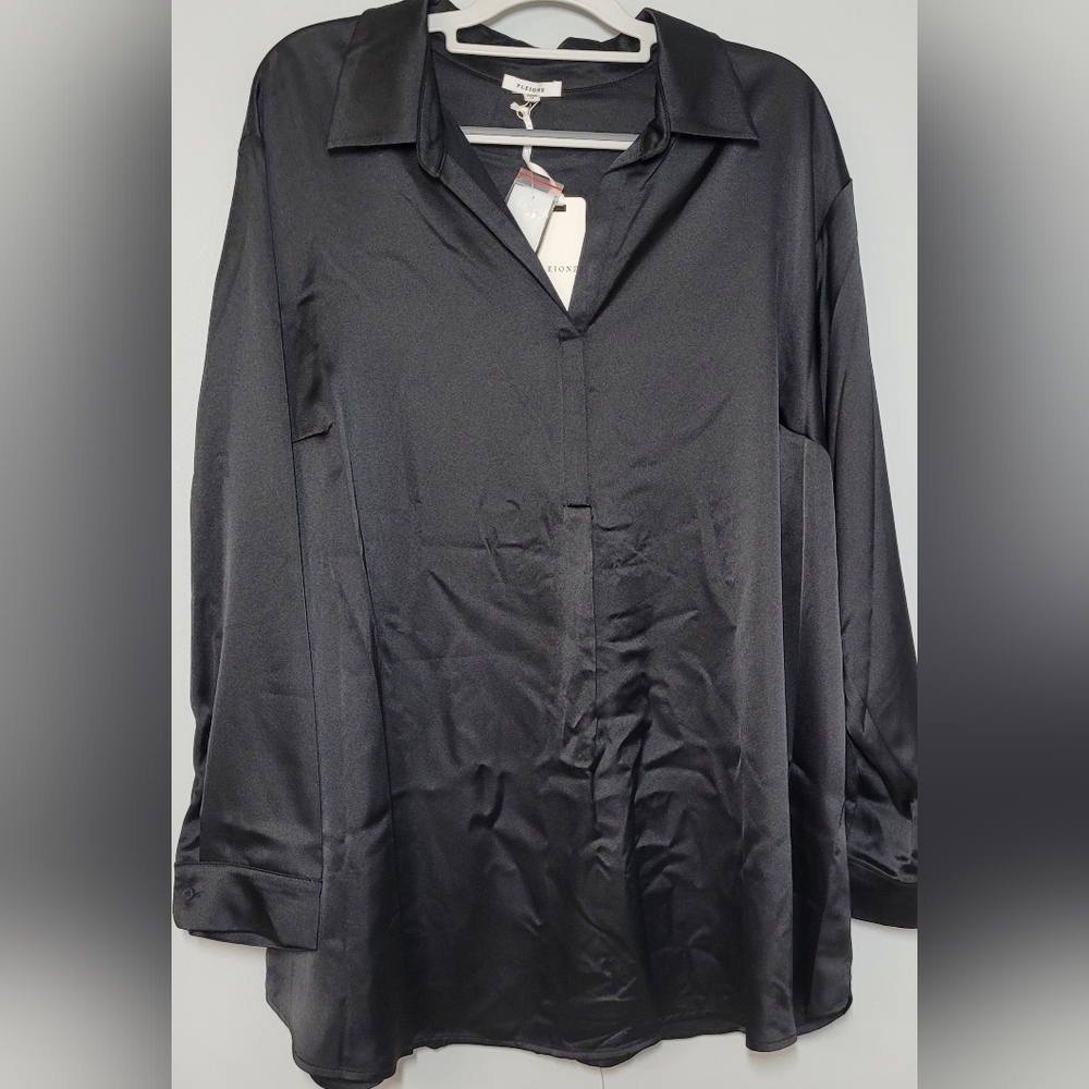Pleione Black Blouse Satin/Silky Blouse 1X